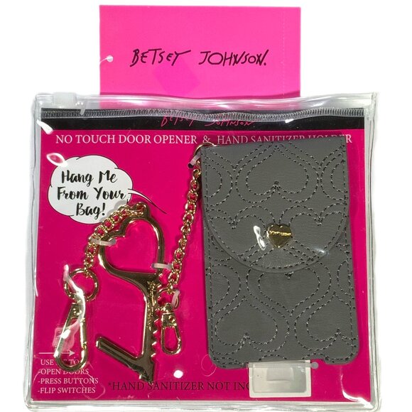 Betsey Johnson Clean Hands Gift Set Gray Quilted Hearts Sanitizer Case & Charm - Picture 1 of 2